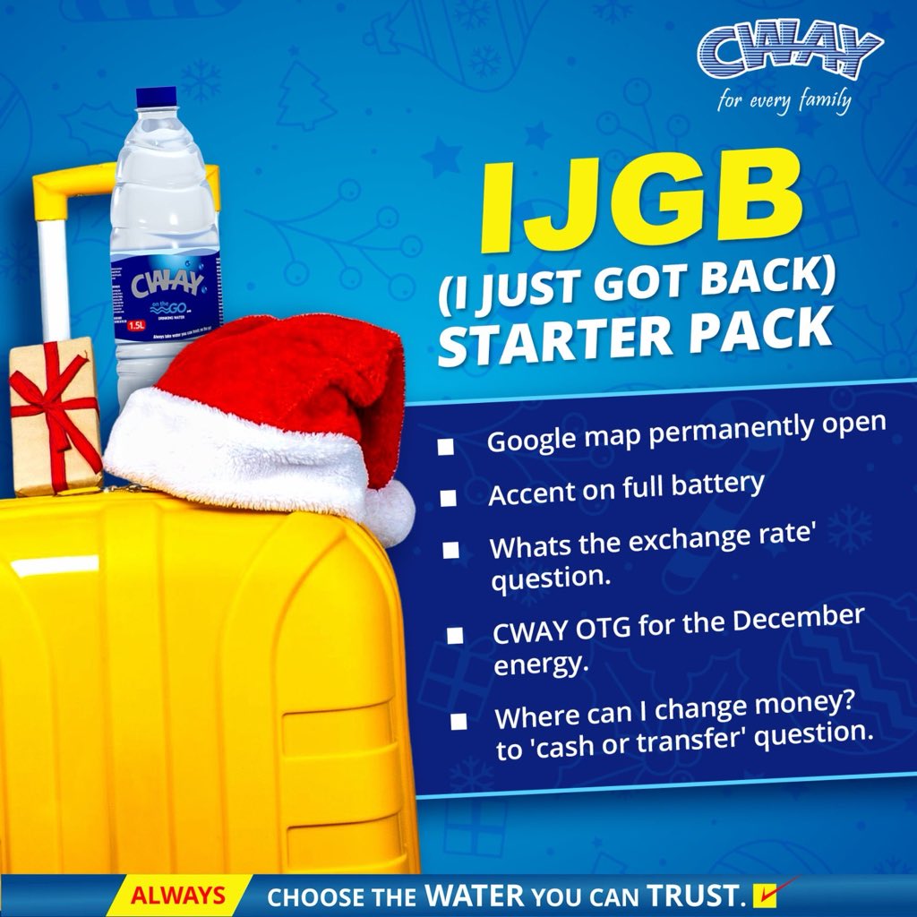 Dear IJGBs, welcome back 😌✈️

All the excitement, all the outings, all that catching up requires serious hydration. Good thing CWAY OTG is always on the go 💧

#IJGB #IJGBSeason #CWAYOTG #OnTheGoHydration #DecemberMovement #StayHydrated #WaterYouCanTrust #NaijaDecember
