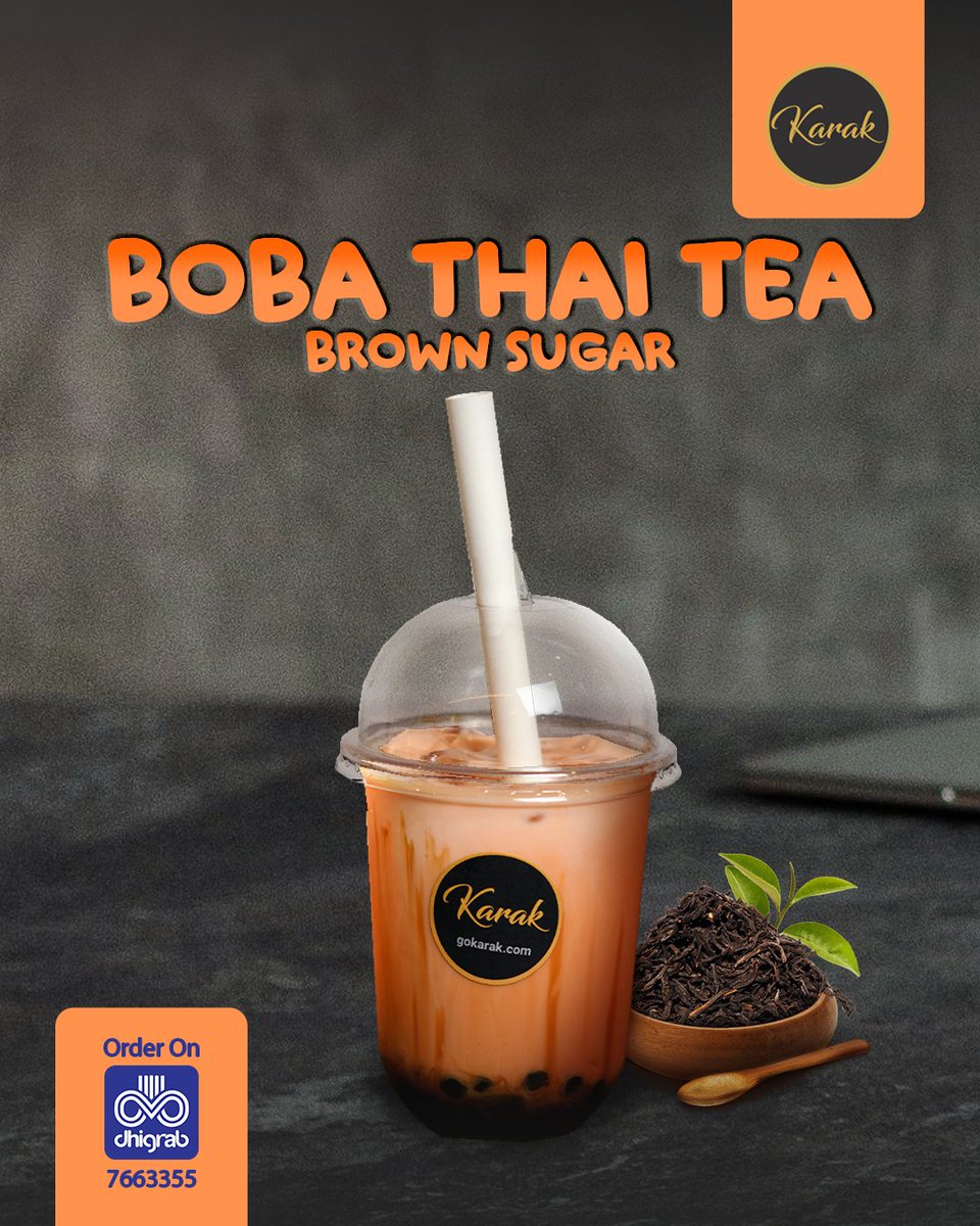dhigrab's tweet image. Layers of tea, milk, and caramelized sweetness.
Discover Karak’s Boba Thai Tea.
📞 766 3355
#Dhigrab #BobaCulture #DrinkBetter