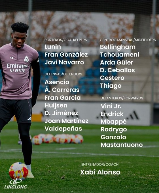 تشابي ألونسو يعلن قائمة ريال مدريد المستدعاة لمواجهة تالافيرا اليوم في كأس ملك إسبانيا. استبعاد الثلاثي كورتوا، روديغير، فالفيردي للراحة 