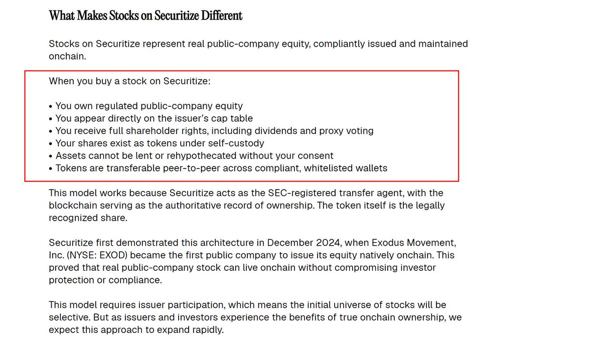 Securitize plans to launch onchain trading for real public company stocks in Q1 2026.

These are actual shares, not tokens that track a stock’s price. Owners keep the same rights they would have in traditional markets, including dividends and voting.

Today, most tokenized stock