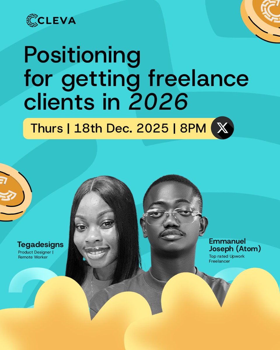 If you’re freelancing and serious about getting more gigs in 2026, this is for you.

Tomorrow by 8PM, I’m hosting a Space with <a href="/Atomthecreator/">Atom the UiUx Designer</a> , powered by <a href="/clevabanking/">Cleva (YC W24)</a> . Set a reminder &amp; come ready with questions.

x.com/i/spaces/1vAGR…