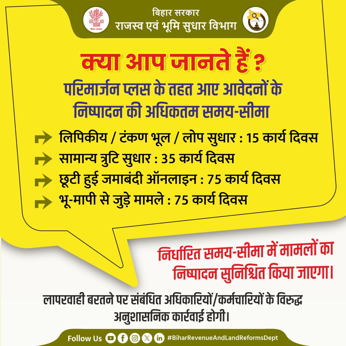BiharRevenue's tweet photo. राजस्व एवं भूमि सुधार विभाग द्वारा परिमार्जन प्लस पोर्टल पर हर काम के लिए समय-सीमा तय कर दी गई है।
@NitishKumar
@VijayKrSinhaBih
@IPRDBihar
#ParimarjanPlus
#Portal
#TimeLimit
#LandSurvey
#BiharBhumi
#BiharRevenueAndLandReformsDept https://t.co/HBZR25iHHb