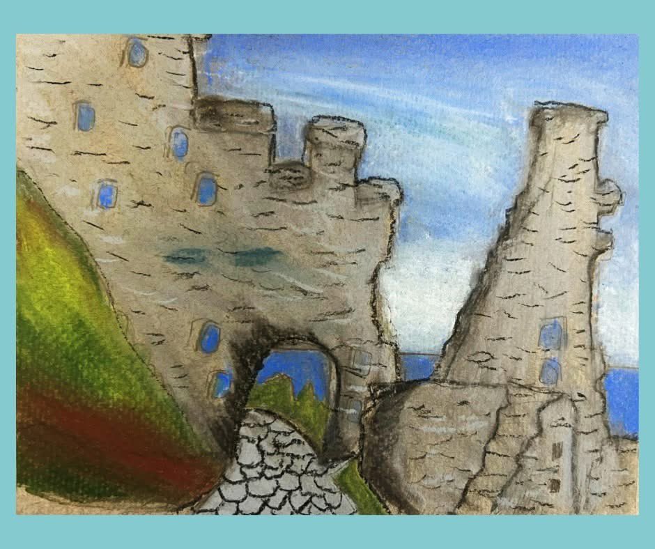 We loved this wonderful painting of Tintagel Castle, by 11 year old Dominik Szymanski. 
Dominik has skilfully used pastels here to create a fantastic look of stone and brick on his castle, and painted a bright blue sky behind it. Excellent work Dominik!