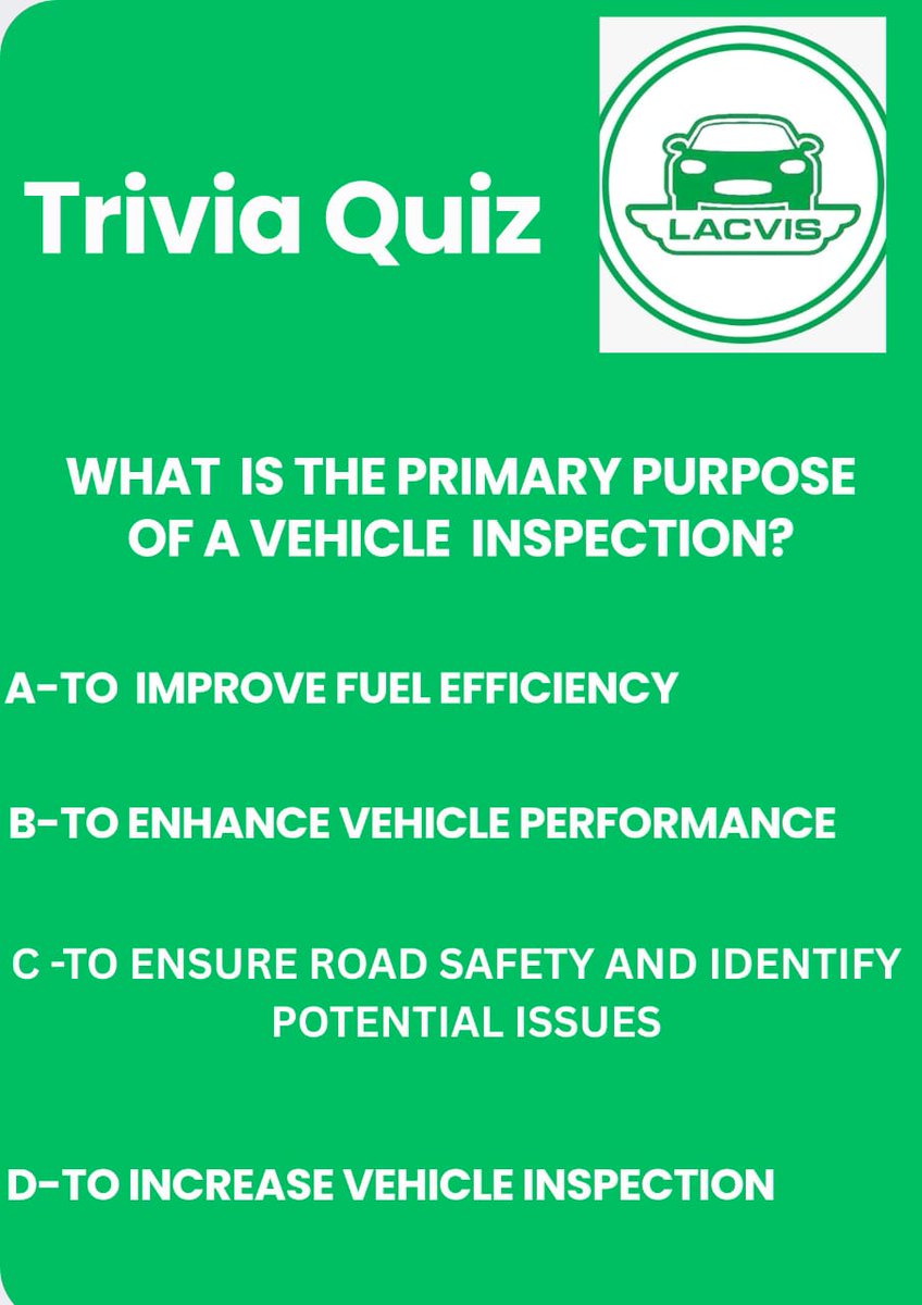 OfficialLACVIS's tweet image. What do you think is the primary purpose of vehicle inspections?

🎄 This yuletide season, make sure your vehicle is in top shape. Staying safe on the road is the best gift you can give yourself and your loved ones!

#VehicleInspection #SafetyFirst #ChristmasGift #LACVIS