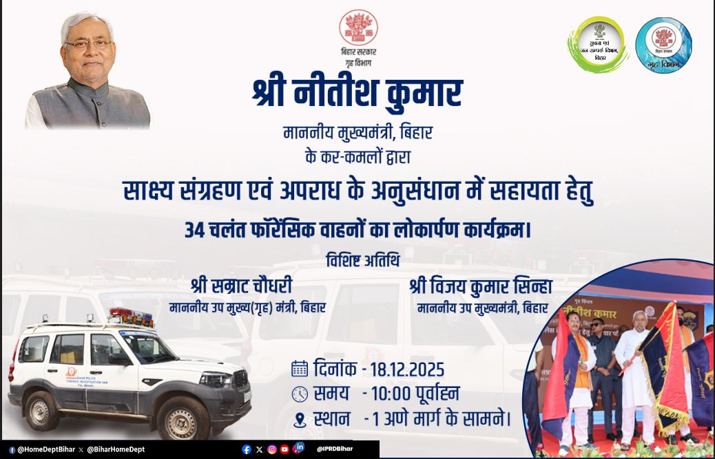 BiharHomeDept's tweet photo. दिo18.12.2025 को माननीय मुख्यमंत्री, श्री @NitishKumar के कर-कमलों द्वारा
साक्ष्य संग्रहण एवं अपराध के अनुसंधान में सहायता हेतु 34 चलंत फॉरेंसिक वाहनों का लोकार्पण ।
कार्यक्रम में विशिष्ट अतिथि माननीय उप मुख्य (गृह)मंत्री बिहार होंगे शामिल।
#ForensicSupport #CrimeInvestigation https://t.co/xsBblNawoO