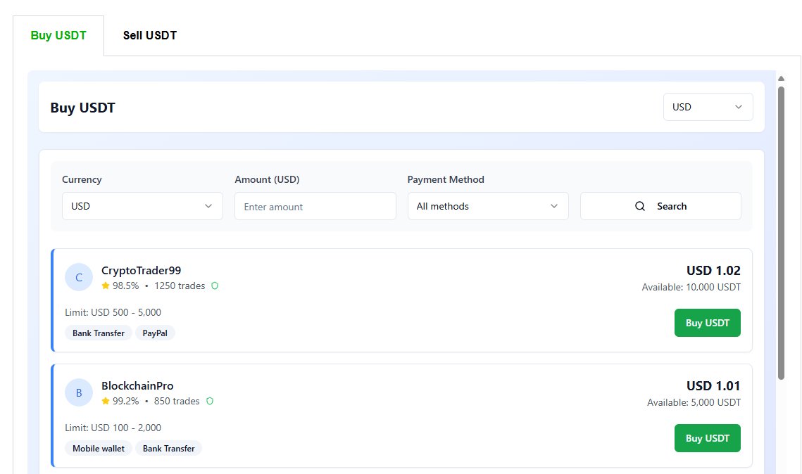 · Modern, clean user interface with React components
· Functional pop up box with transaction details
· Bi-directional calculator btw fiat and crypto amount 
· Real time chat feature for instant communication between buyer and seller
· Escrow account for holding funds