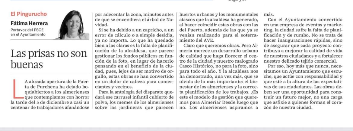 Lo que está ocurriendo en el Paseo y lo que estamos viendo, con la apertura de la Puerta Purchena, es la representación viva de hasta qué punto la improvisación y el postureo se han instalado en nuestro Ayuntamiento. ¿Tú qué piensas?

diariodealmeria.es/opinion/articu…
