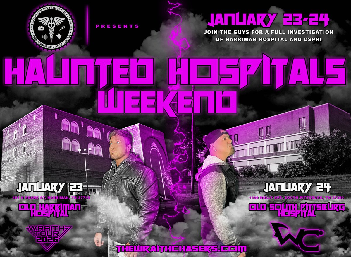 Haunted Hospitals Weekend in January!
Friday night we’re huntin' The Old Harriman Hospital…
Saturday night we’re taking on Old South Pittsburg Hospital!
Who’s brave enough to spend the whole weekend with us?