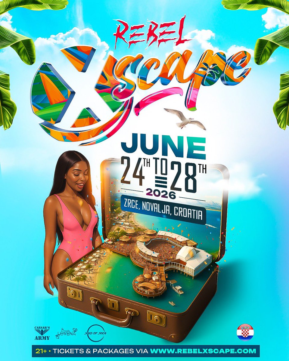 🇭🇷🌴 Rebel Xscape is coming to CROATIA! 🌴🇭🇷  An epic Soca festival on Europe’s stunning coast. It’s sensational, breathtaking &amp; unforgettable.

🎟 Tickets + packages are live NOW!
🔗 Rebelxscape.com

NOTE: Pre-sale VIP packages are SOLD OUT! Please secure your general