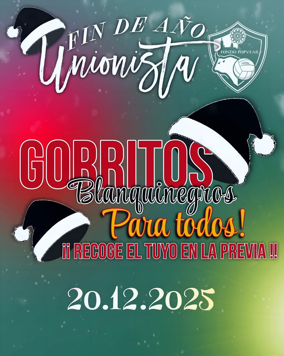 🎄🖤🤍 PREVIA ESPECIAL UNIONISTA 🤍🖤🎄
Este sábado vivimos una previa especial para todos 🙌

🎅 ¡Gorritos blanquinegros para todos!
👉 Recoge el tuyo en la previa y sumate al fin de año unionista 🎉

📅 20/12
📍 Restaurante Guinaldo
🔥 ¡Te esperamos!

#Irreductibles ⚔️