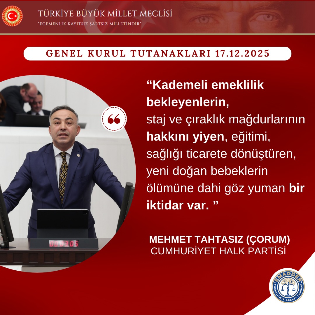 Sayın Mehmet Tahtasız'a 
Kademeli Emekliliğin olmadığı bu bütçeyi  kabul etmediği için teşekkür ederiz

17.12 2025 TBMM

<a href="/m_tahtasiz/">Mehmet Tahtasız</a> 
<a href="/herkesicinCHP/">CHP 🇹🇷</a>
<a href="/eczozgurozel/">Özgür Özel</a> 
#YeterKademeHaktır