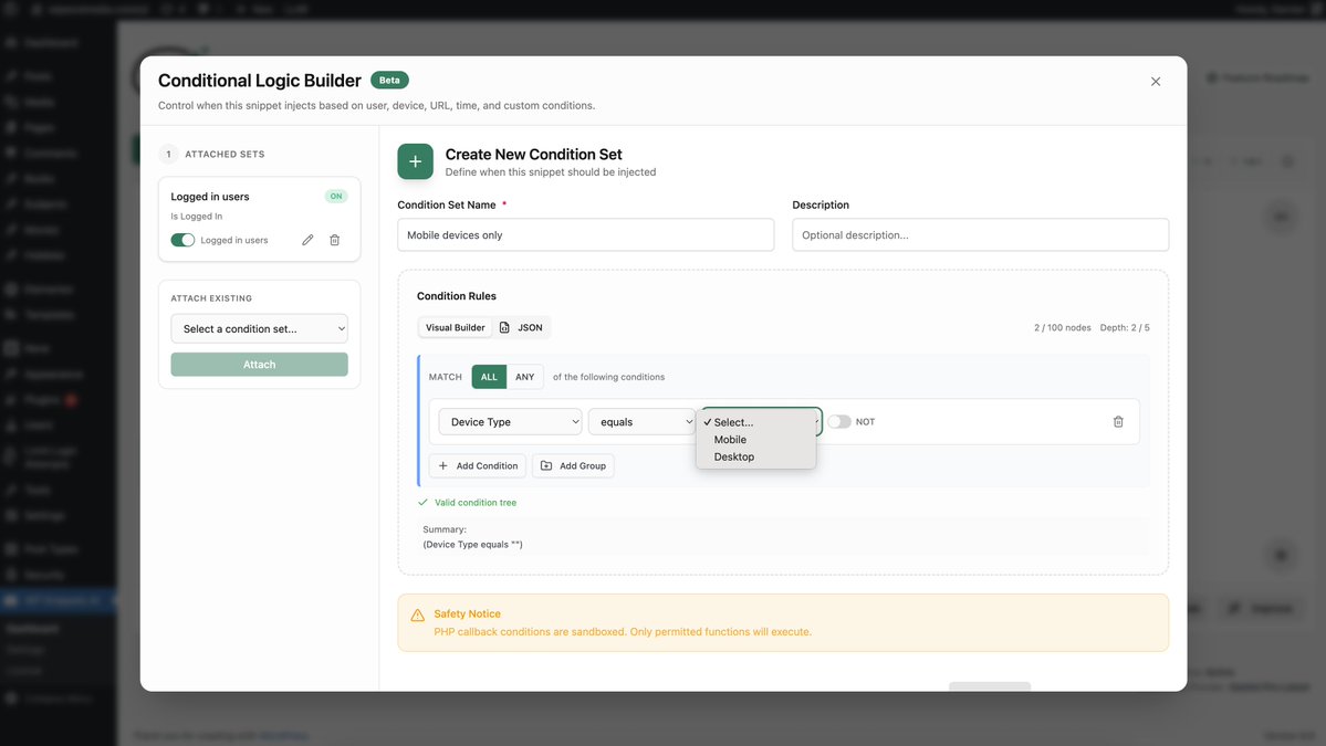 wp_snippets_ai's tweet image. Check out the sneak peek of our new Conditional Logic Builder feature.  We are so happy with how easy this is to use compared to WPCodeBox or WPCode. Subscribe to our newsletter and be the first to know when we launch. wpsnippets.ai

#wordpress WordPress @WordPress…