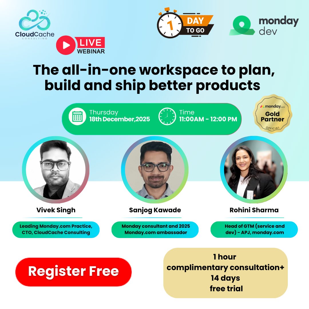 Cloudcachecon's tweet photo. ⏳ 1 day to go

Join us #live tomorrow to see how product &amp; engineering teams use #Monday Dev to plan #sprints, track bugs, and ship faster, all in one place.

📅 18 Dec | ⏰ 11 AM IST
🎁 Free consultation + 14-day trial

Register Now:
https://t.co/0heezc6EeK https://t.co/f9CHGxbPN1