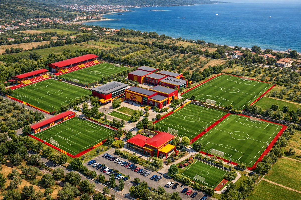 Yapay zeka uygulamasına 55 dönümlük arazi üzerine bir Göztepe futbol akademisi tesisi hazırlamasını istedim. Çıkan sonuç bu. 
55 dönüm güzel bir şekilde değerlendirilirse efsane bir akademi tesisimiz olacak. 

2 adet A kalite tam saha (105 × 68 m)

2 adet altyapı / gelişim sahası