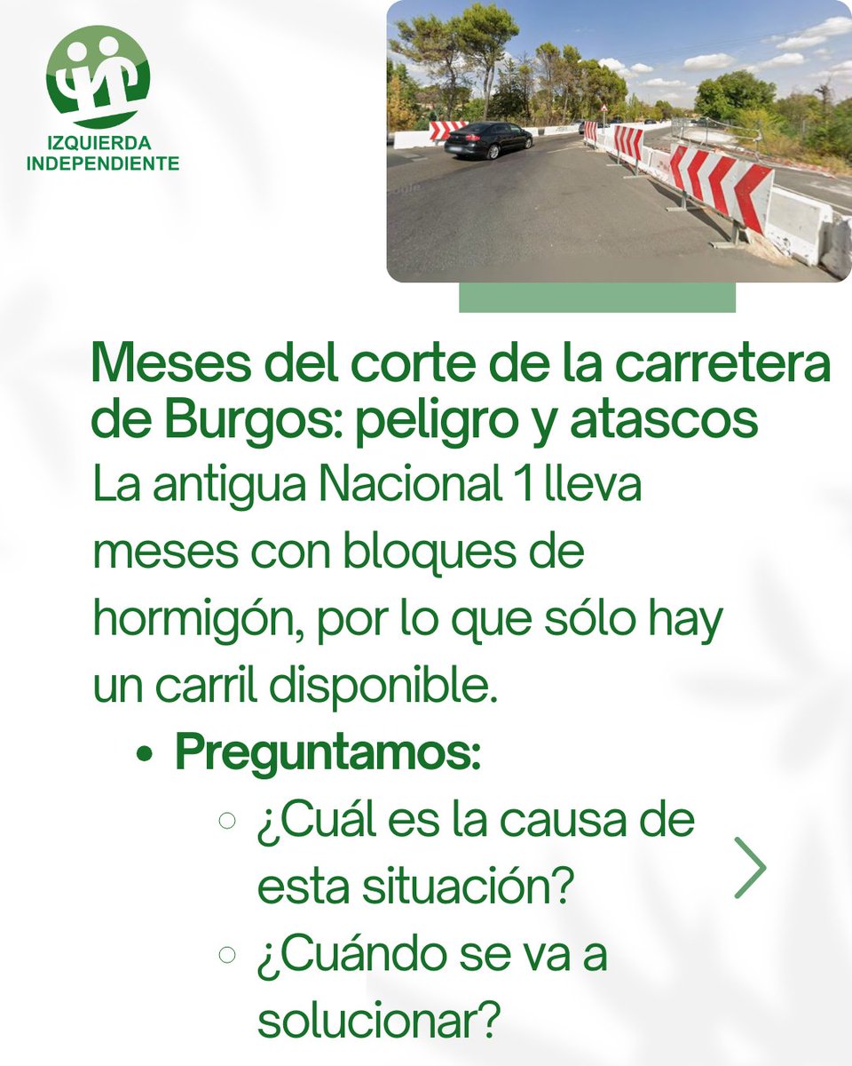 IISanse's tweet photo. 🚗 CARRETERA DE BURGOS CORTADA: MESES DE PELIGRO Y ATASCOS
La antigua N-I a la altura de Los 4 de León lleva meses cortada con bloques de hormigón. Sólo un carril, provocando #atascos diarios y peligro constante.
Preguntamos: ¿Cuál es la causa? ¿Cuándo se solucionará?
Los vecinos merecen respuestas.
#Tráfico #Seguridad #SomosSanse