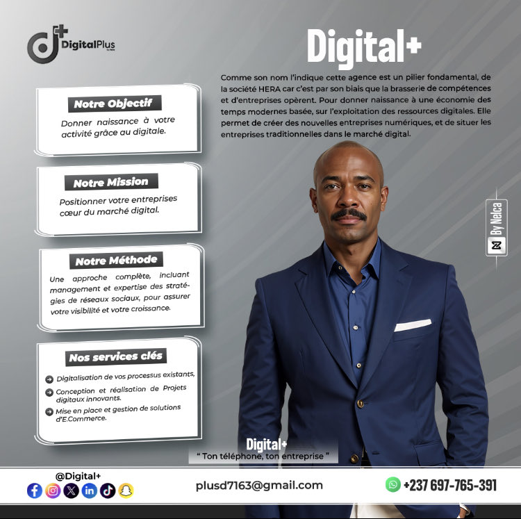 Digitalplus237's tweet image. 🚀 DIGITAL+ : le pilier stratégique de HERA pour l'ère numérique.
💡 Positionner les entreprises au cœur du marché digital.

🛠️ Digitalisation, Projets digitaux, E-Commerce

🤝 Contactez-nous pour transformer votre potentiel en succès digital ! #DigitalPlus  #Hera #Cameroun