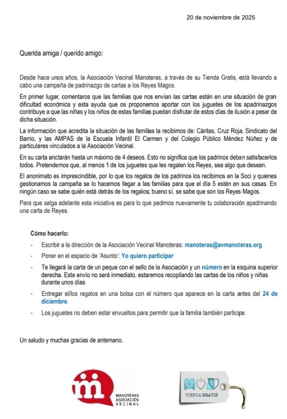HortalezaPV's tweet image. La @soci_manoteras continúa la campaña de #madrinazgo para que los Reyes Magos de Oriente lleguen a más hogares 👑

Animaos a aportar vuestro granito de arena escribiendo a ➡️ manoteras@avmanoteras.org con el asunto "Yo quiero participar" 

Aquí se indica cómo funciona 👇