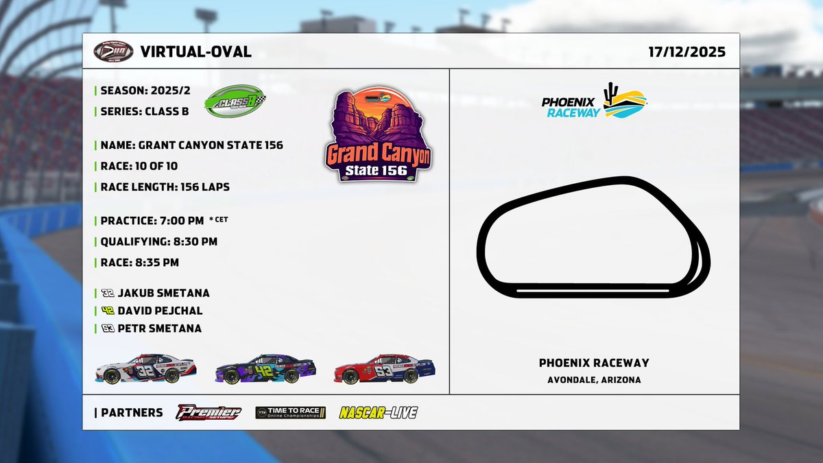 czechnascarteam's tweet image. The final race day at Virtual-Oval in this season is there. We will close the #nascar season in the Class B Series with the final tenth race, which will be held at Phoenix and will be called Grand Canyon State 156 on #iRacing as we're ready for a 156 laps of racing in the desert.…