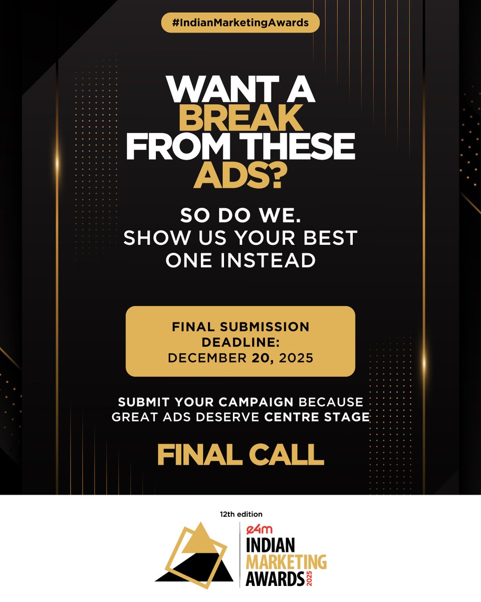 e4mevents's tweet image. Tired of the clutter?
Show us the ad that truly stands out.

Final call to submit for the Indian Marketing Awards 2025.

🔗 Submit here: bit.ly/4mw0XOb

#IndianMarketingAwards #IMA2025 #FinalCall #MarketingAwards
#CreativeExcellence #GreatAds #AdvertisingIndia