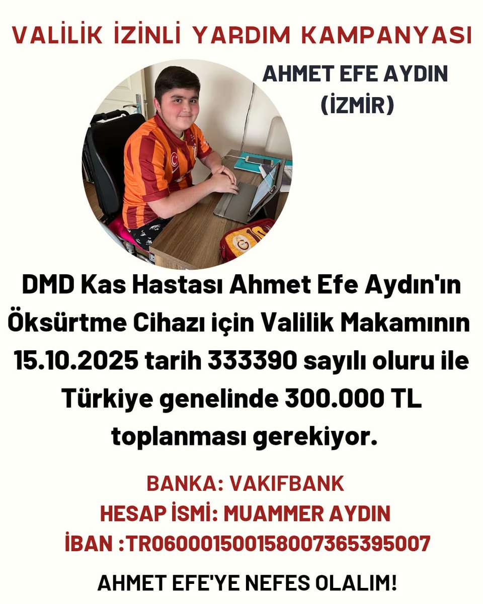 <a href="/DMDTurkiye/">DMD Türkiye</a> #BirNefesBirUmut #DMDiçinAdımAtın #ValilikOnaylıKampanya
DMD Kas Hastası 
 için 
Valilik Makamının15.10.2025 tarih 333390 sayılı oluru ile Türkiye genelinde 300.000TL toplanması gerekiyor.
BANKA: VAKIFBANK 
HESAP İSMİ: MUAMMER AYDIN 
İBAN :TR060001500158007365395...