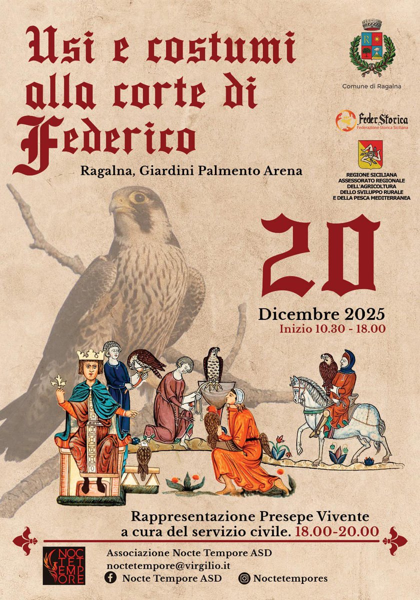 VisitSicilyOP's tweet photo. 🦅Usi e costumi alla corte di Federico🛡️
Un viaggio nel tempo tra #storia, #tradizioni e suggestioni #medievali.
20 dicembre dalle 10:30 alle 18:00 Giardini Palmento Arena #Ragalna #Catania
Alle ore 18:00 Rappresentazione del Presepe Vivente
#eventisicilia25 #visitsicilyinfo https://t.co/du1eP7vpCF