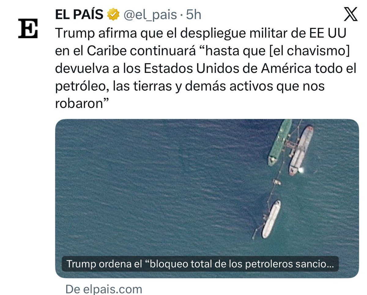 EEUU quiere robarse el petróleo de Venezuela. Por la fuerza y con la impunidad de los misiles. No necesita ni disimular. Todos los países del mundo deben romper relaciones diplomáticas con el gobierno de Trump. Hace falta un país digno y valiente que empiece. Y paremos la guerra.