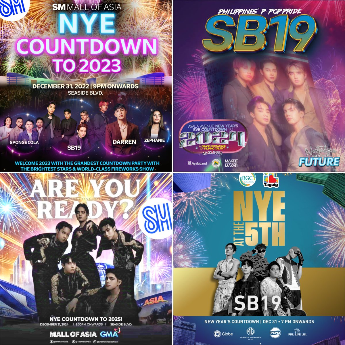jahcentre's tweet photo. SB19 new year countdowns through the years—every stage, every era, still making the countdown extra special.

📍 2022; Mall Of Asia
📍 2023; Ayala Avenue
📍 2024; Mall Of Asia
📍 2025; BGC Taguig

#SB19 @SB19Official https://t.co/SVcFzGJhvY