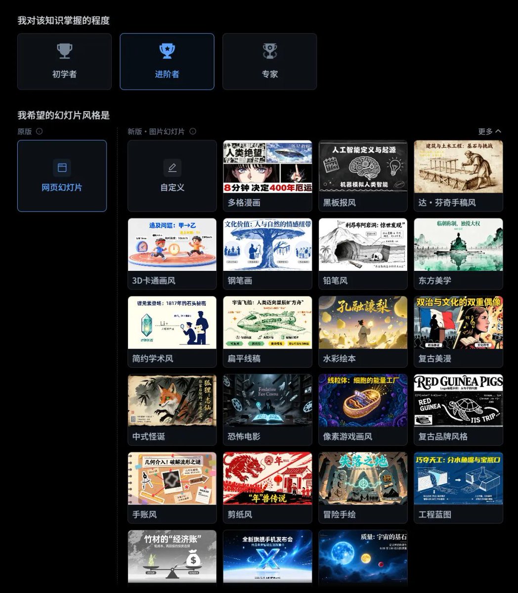 如果覺得直接讀文獻難度較高,還可以點擊“講解”,直接讓塔子老師生成清晰易懂的講解PPT。
依照自己的喜好,選擇難度、投影片風格、解說風格。
還能自訂提示詞,產生不同的投影片風格。