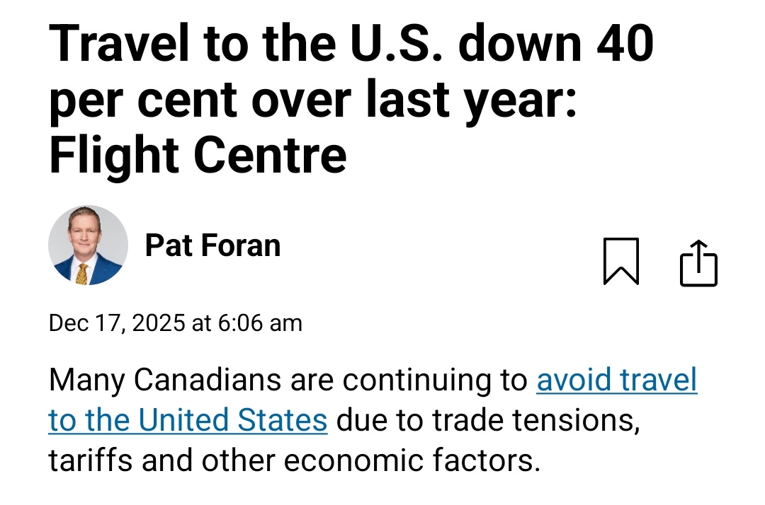 Smil3yAngel's tweet image. Travel to the US from Canada is down 40% this year.

Who wants to go to the US when the orange turd is threatening our country and imposing tariffs on us? Then, when you get there, you'll have a fear of ICE deporting you to some random country.

No, thanks!