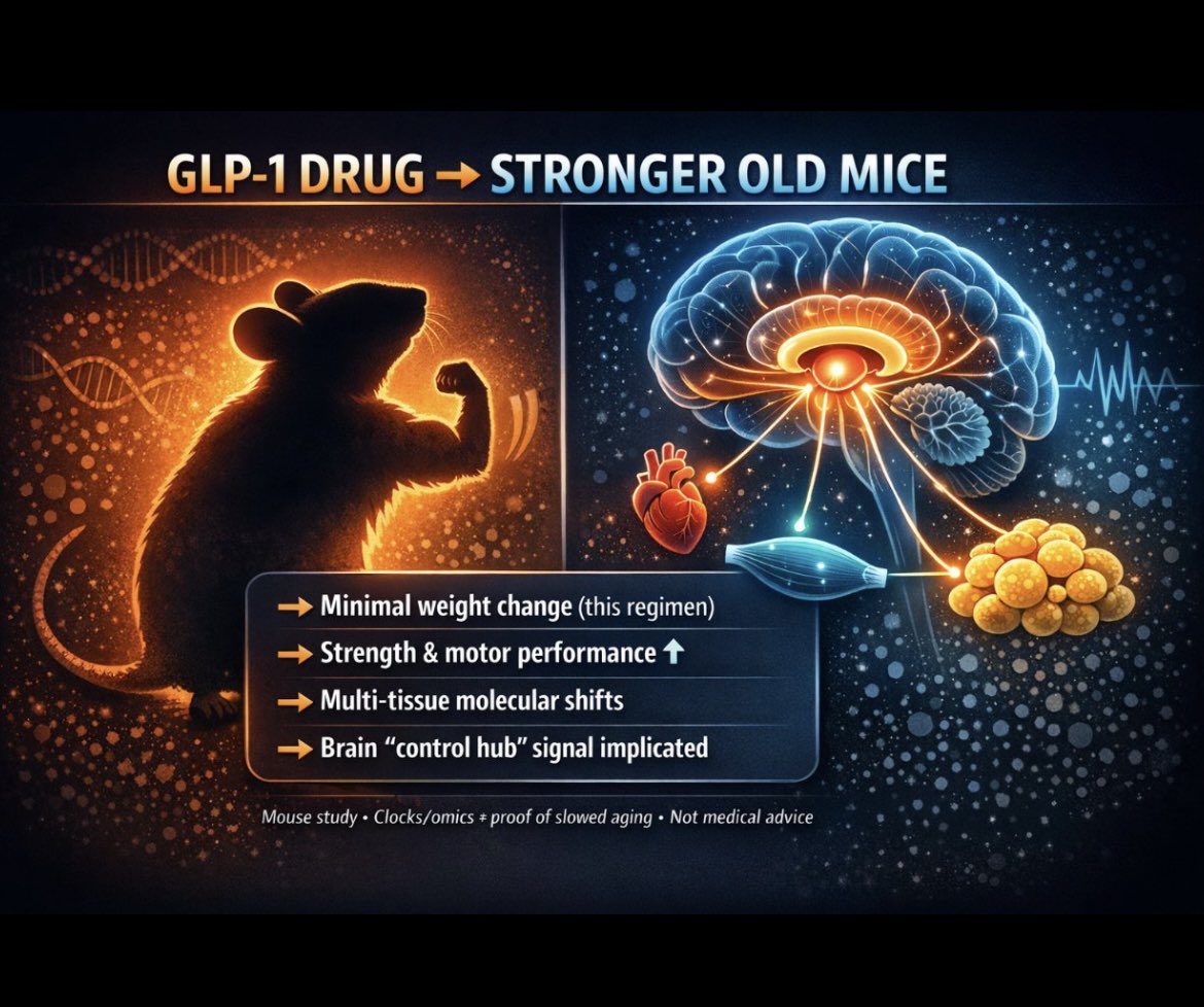 3) daha da güçlü ve büyük ölçüde hipotalamik GLP-1R’ye bağlıymış, bu da yaşlanma modülasyonunun beyin-vücut eksenine işaret ediyormuş. Kanıtlanmış bir yaşlanma karşıtı strateji olan rapamisin (mTOR) inhibisyonunun memeli hedefiyle karşılaştırıldığında,