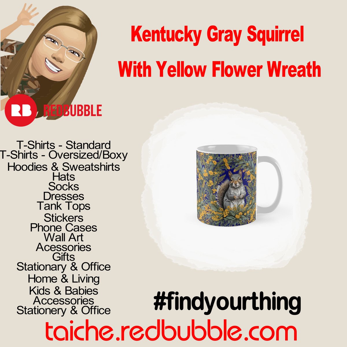 TaicheTees's tweet photo. #Kentucky #GraySquirrel With Yellow Flower Wreath by #taiche #redbubble Solidago gigantea is the state floral emblem of Kentucky and Gray Squirrel the state mammal. Perfect natural beauty and an ideal state vacation design. #giftidea https://t.co/ErVJjBvh4w https://t.co/YlGikT3LI2