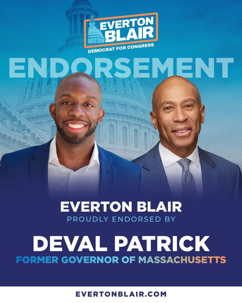evertonblairjr's tweet image. I am deeply honored to have Governor @DevalPatrick’s endorsement. 

Governor Patrick spent his career expanding opportunity, at the Justice Department, in the private sector, and as a groundbreaking governor who invested in education and communities. 1/2