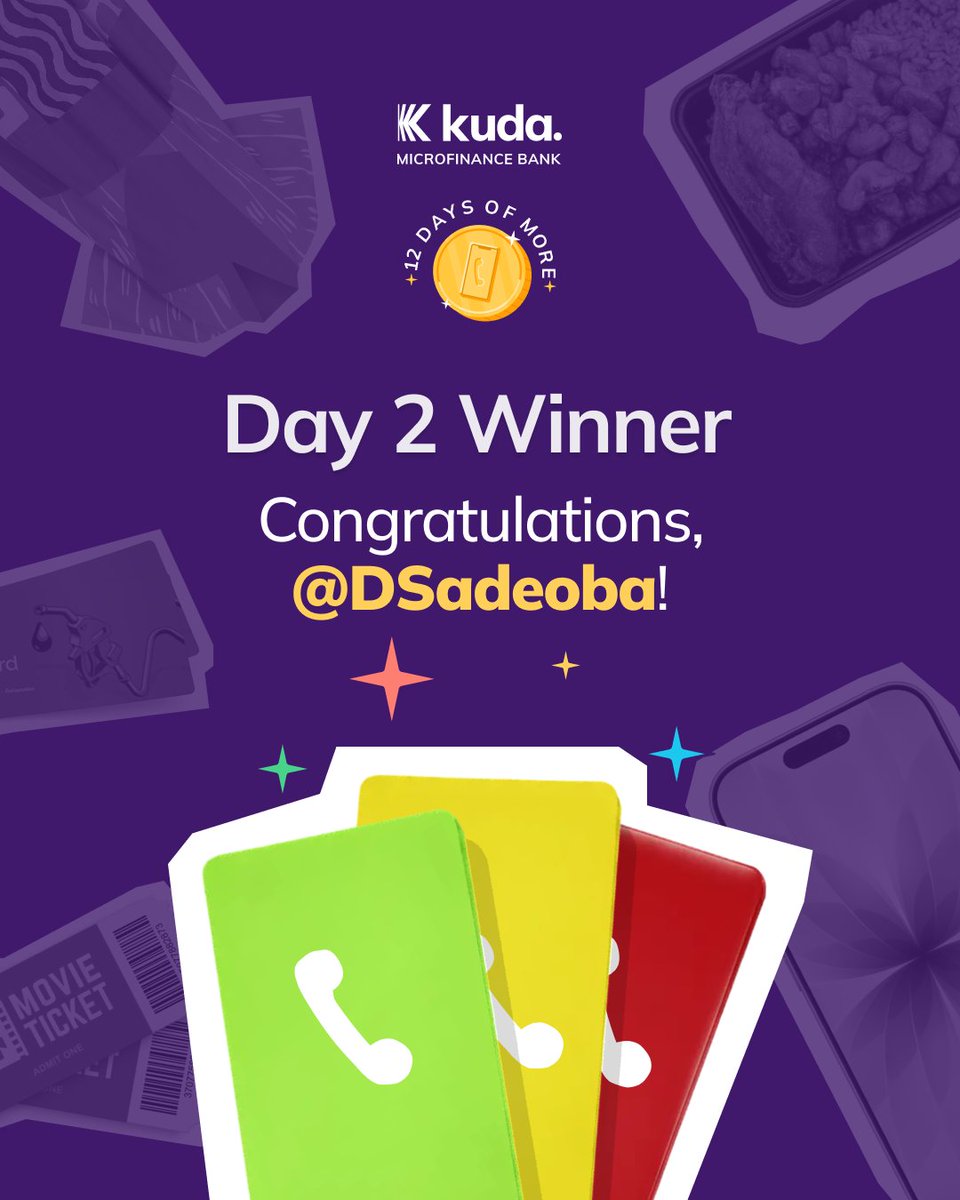 joinkuda's tweet photo. 👏🏾👏🏾👏🏾👏🏾 @DSadeoba has today's fastest correct answer for ₦30,000 airtime! 🎉💜 #kuda12daysofmore https://t.co/ndyZl0NOQQ