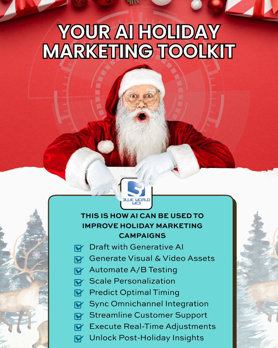 BlueWorldWeb's tweet image. The Ultimate AI Holiday Checklist 🎄

📝 Draft Copy Fast 🎥 Generate Visuals ⚖️ Automate A/B Testing 🎁 Personalize Offers 💬 Automate Support 📊 Unlock Insights

Scale your business this season. 

Explore our AI solutions: 🔗 blueworldweb.com

#AIinMarketing #BlueWorldWeb