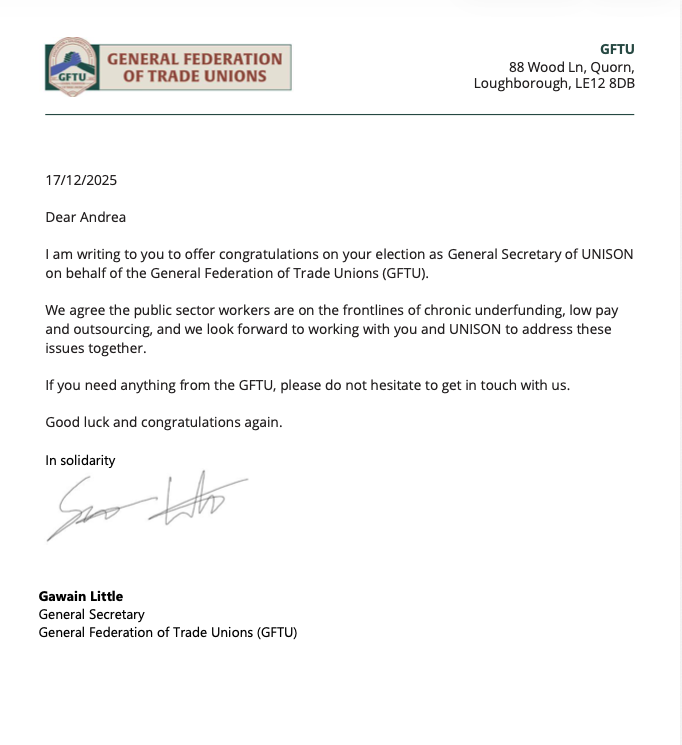 Our GS,<a href="/GawainLittle/">Gawain Little</a>, has just sent the below congratulations letter to <a href="/Andrea4GS/">Andrea Egan for UNISON General Secretary</a> on her election as
<a href="/unisontheunion/">UNISON - UK's largest union</a> general secretary.  

Read the letter in full below 👇

#GFTU #UNISON