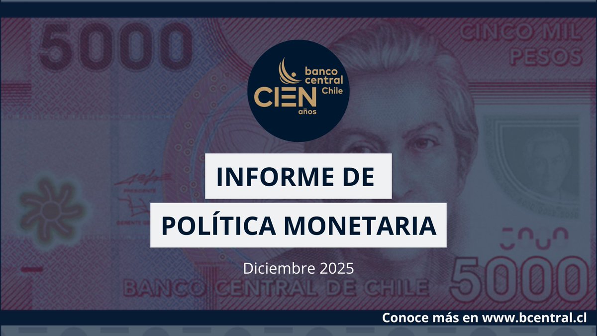 El Banco Central de Chile publicó el Informe de Política Monetaria (IPoM) de diciembre de 2025.     

Puedes ver el documento completo en: bit.ly/IPOM_DICIEMBRE…

#IPoMDiciembre2025