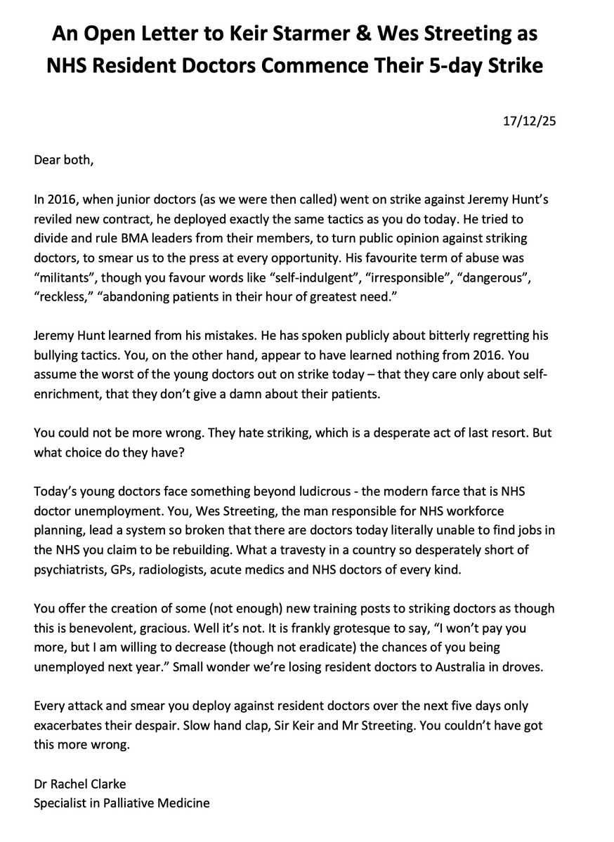 I've written this open letter to <a href="/Keir_Starmer/">Keir Starmer</a> &amp; <a href="/wesstreeting/">Wes Streeting</a> because, though I am desperately worried about NHS patients over the next 5 days, I know this strike by resident doctors is a desperate act of last resort.

Please read.