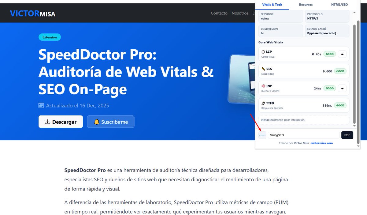 Actualización de extension!

💼 ¿Eres SEO o Dev? Entrega auditorías con TU marca. 🚀

SpeedDoctor Pro v2.2 evoluciona: adiós capturas desordenadas, hola Reportes PDF Profesionales.

✅ Marca Blanca: Sube tu Logo y Nombre (mira el ejemplo de VikingSEO 👇). 
✅ Diagnóstico
