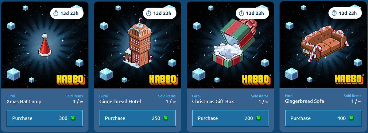 🎅 ¡El tercer lanzamiento del Set Navidad 2025 ya está disponible en la tienda de #HabboCollectibles!

Incluye: Caja Regalo, Lámpara Gorro de Navidad, Hotel y Sofá de Jengibre. 🎁🫚

🔗 Para más información de su venta, visita la noticia: habtium.es/news/20029
