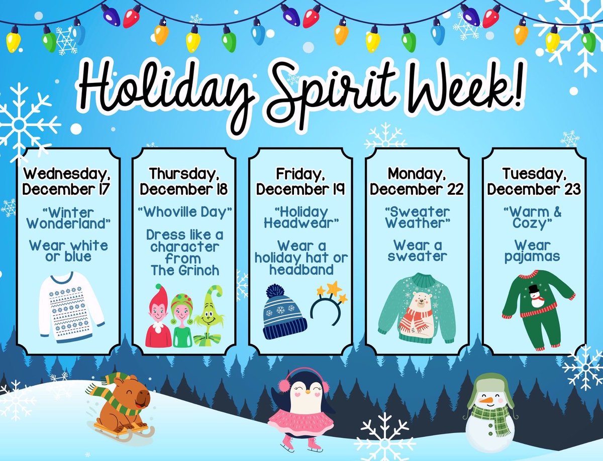 Holiday Spirit Week starts today! ☃️🧤 #TeamWheeler <a href="/WheelerAvenue/">Wheeler Avenue School</a> <a href="/VS13UFSD/">ValleyStream13UFSD</a>