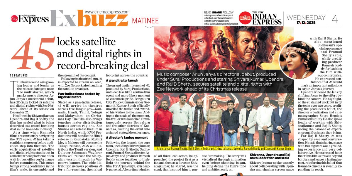 sharadasrinidhi's tweet photo. Big news! #45Movie has locked its satellite & digital rights with #ZeeNetwork in a record‑breaking deal ahead of its #Christmas release! 📺
The pan‑India theatrical distribution is massive too #ZeeStudios (North India), @KvnProductions (Karnataka),@MythriOfficial (Telugu), #AGS (Tamil), #WayfarerFilms/@Varpoorva (Malayalam)! A film @ArjunJanyaMusic produced by #Rameshreddy 's @SurajProductio4 starring @NimmaShivanna @nimmaupendra and @RajbShettyOMK to release on #December25 https://t.co/hjyf9ZgEq6 @NamCinema