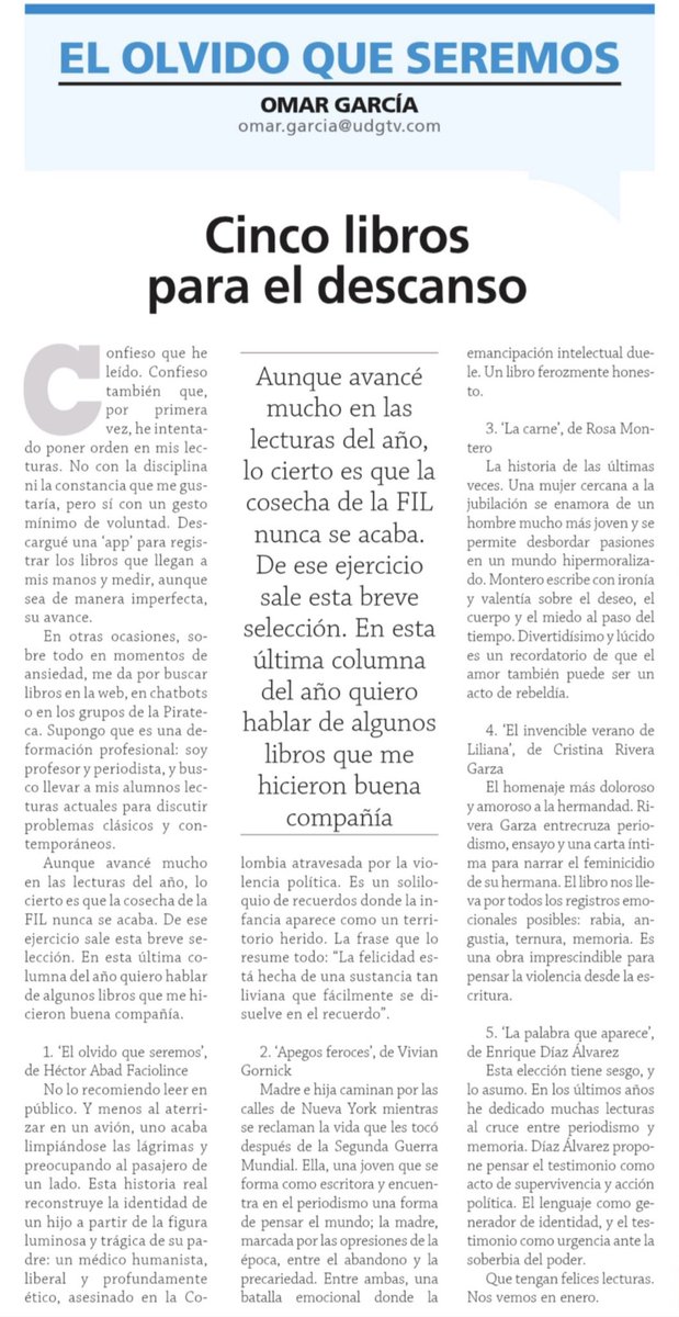 omar_comunica's tweet photo. En mi última columna del año para @NTRGuadalajara van cinco libros que les recomiendo para este par de semanas donde la urgencia cede al descanso obligado. 
Espero que estas propuestas les hagan buena compañía. Yo espero sus recomendaciones para 2026. https://t.co/97XlUnx5vy