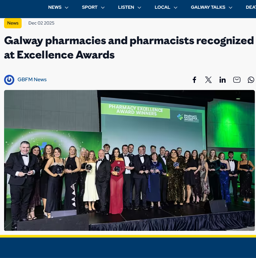 PharmExcellence's tweet photo. Huge congrats to Galway, multiple winners at the Irish Pharmacy Excellence Awards! 🏆

Read the full article from Galway Bay FM ➡️ https://t.co/y2fMf7qyc9

#Pharma25 https://t.co/YIzWHxdNBR