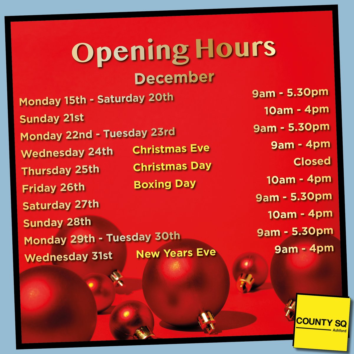 CountySquare's tweet image. Christmas shopping at County Square? 🎁
Plan your visit and check our opening hours! 🛍️

#CountySquare #AshfordShopping