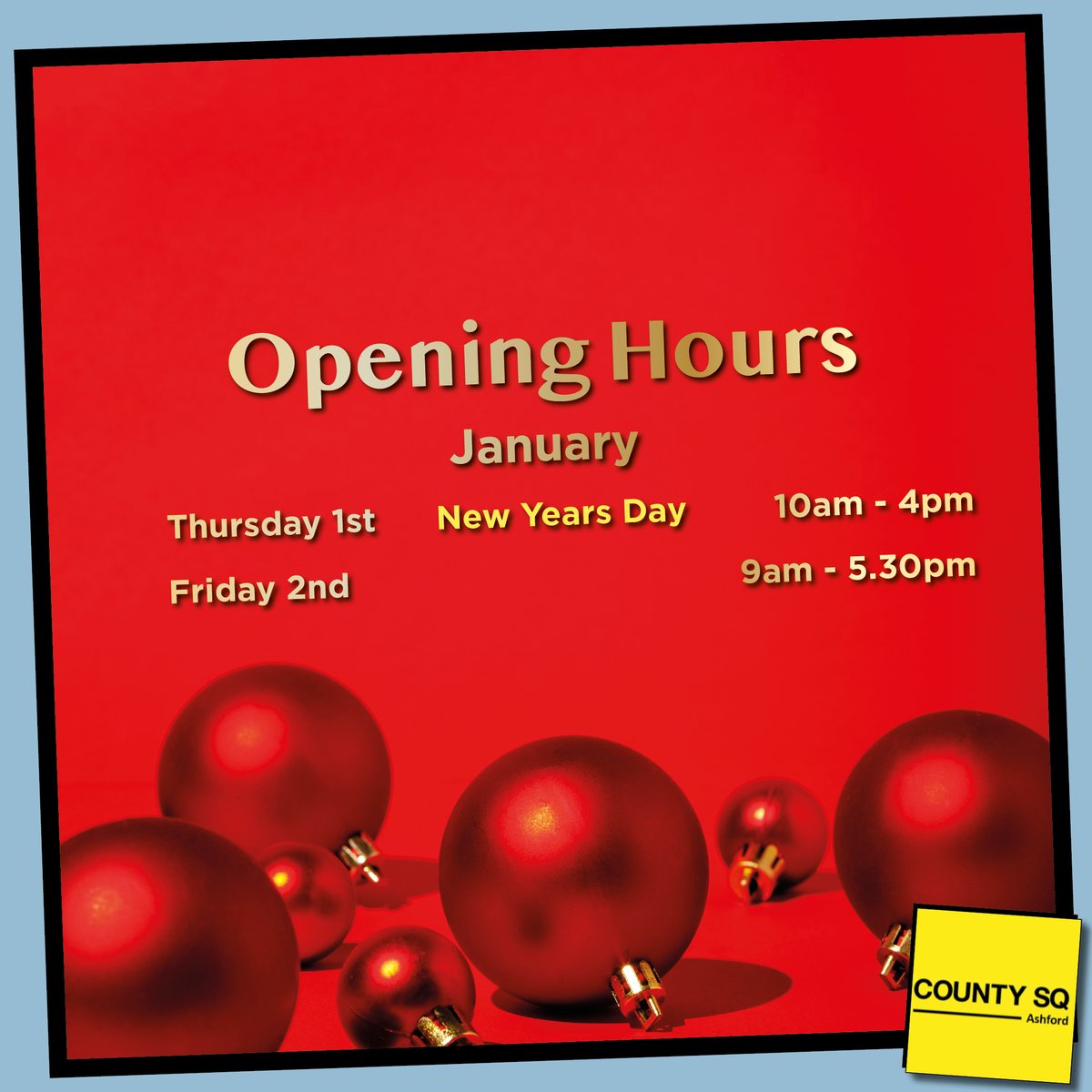 CountySquare's tweet image. Christmas shopping at County Square? 🎁
Plan your visit and check our opening hours! 🛍️

#CountySquare #AshfordShopping