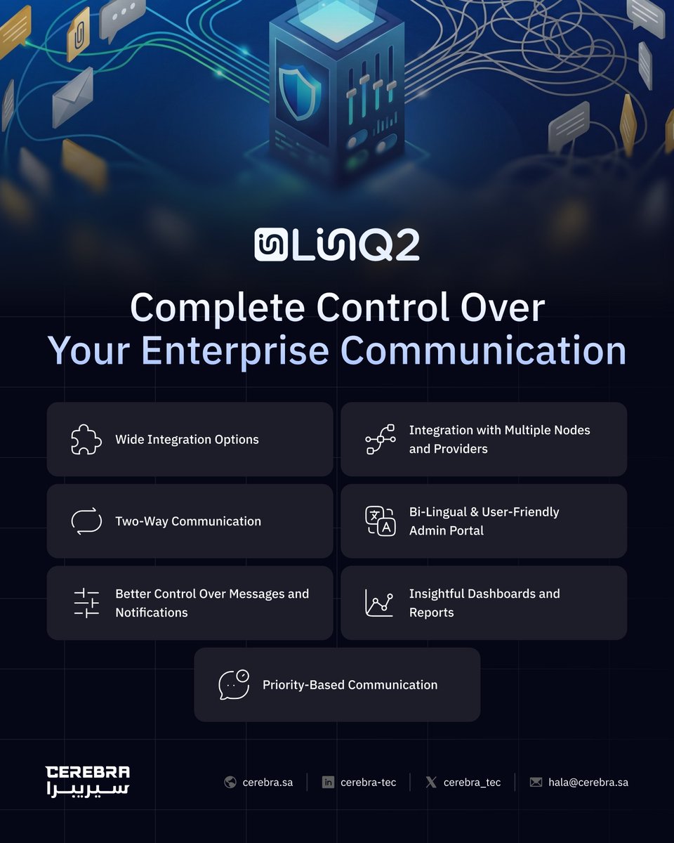 cerebra_tec's tweet photo. Too many channels, too much hassle? ⚡
#LinQ2 brings all your Communication into one powerful, fast, and secure platform!
Streamline your communication today
https://t.co/UNoxHmspxT
#Cybersecurity #Cerebra #Saudi_Tech https://t.co/VaBvNftNmt