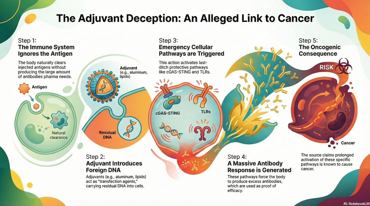 Jikkyleaks's tweet image. Wow this infographic actually nails it.

Adjuvants don't just make an immune response more.... They create an immune response that should not exist, and would not exist if not for the DNA contamination 
@Kevin_McKernan
@JesslovesMJK
@Fynnderella1 @MaryanneDemasi