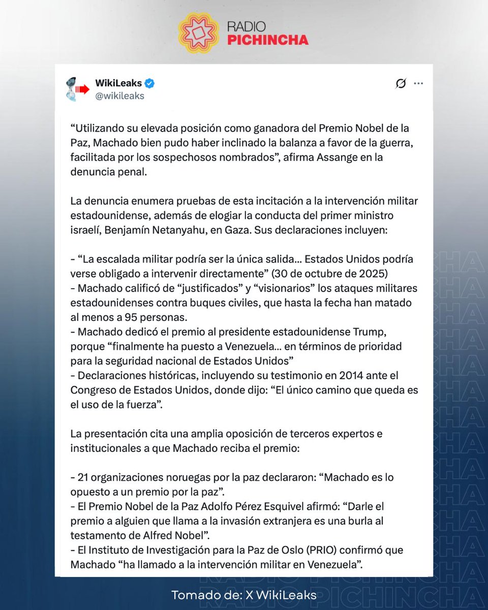 🛑#Atención | El fundador de WikiLeaks, Julian Assange, presentó una denuncia penal contra directivos de la Fundación Nobel por presunta apropiación indebida y facilitación de crímenes de guerra, tras el Premio Nobel de la Paz 2025 otorgado a María Corina Machado. La acción fue