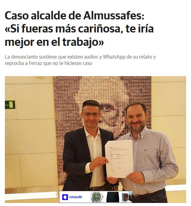 “Si fueras más cariñosa, te iría mejor en el trabajo”

Esto le decía el alcalde de Almussafes a una mujer acosada, la cual cuando se atrevió a denunciar, recibió amenazas desde el PSPV.

Y <a href="/pilarbernabe/">Pilar Bernabé /❤️</a>, responsable de igualdad y posible portavoz del PSOE, callada.