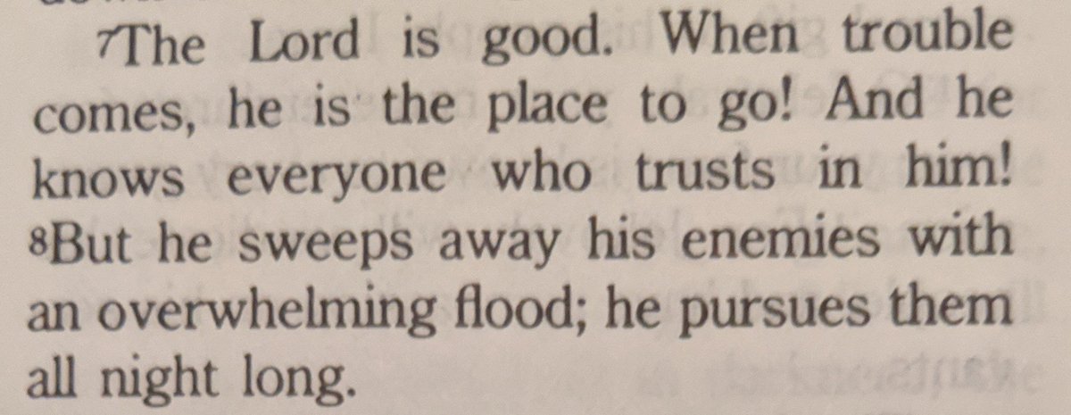 The Lord is good. When trouble comes, He is the place to go! And He knows everyone who trusts in Him! But He sweeps away His enemies with an overwhelming flood: He pursues them all night long.

Nahum 1:7-8